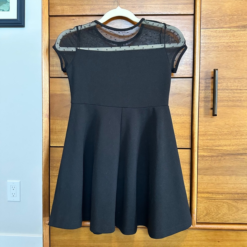 Black Mesh Polka Dot Skater Dress Kids Size 10-12 Black Excellent